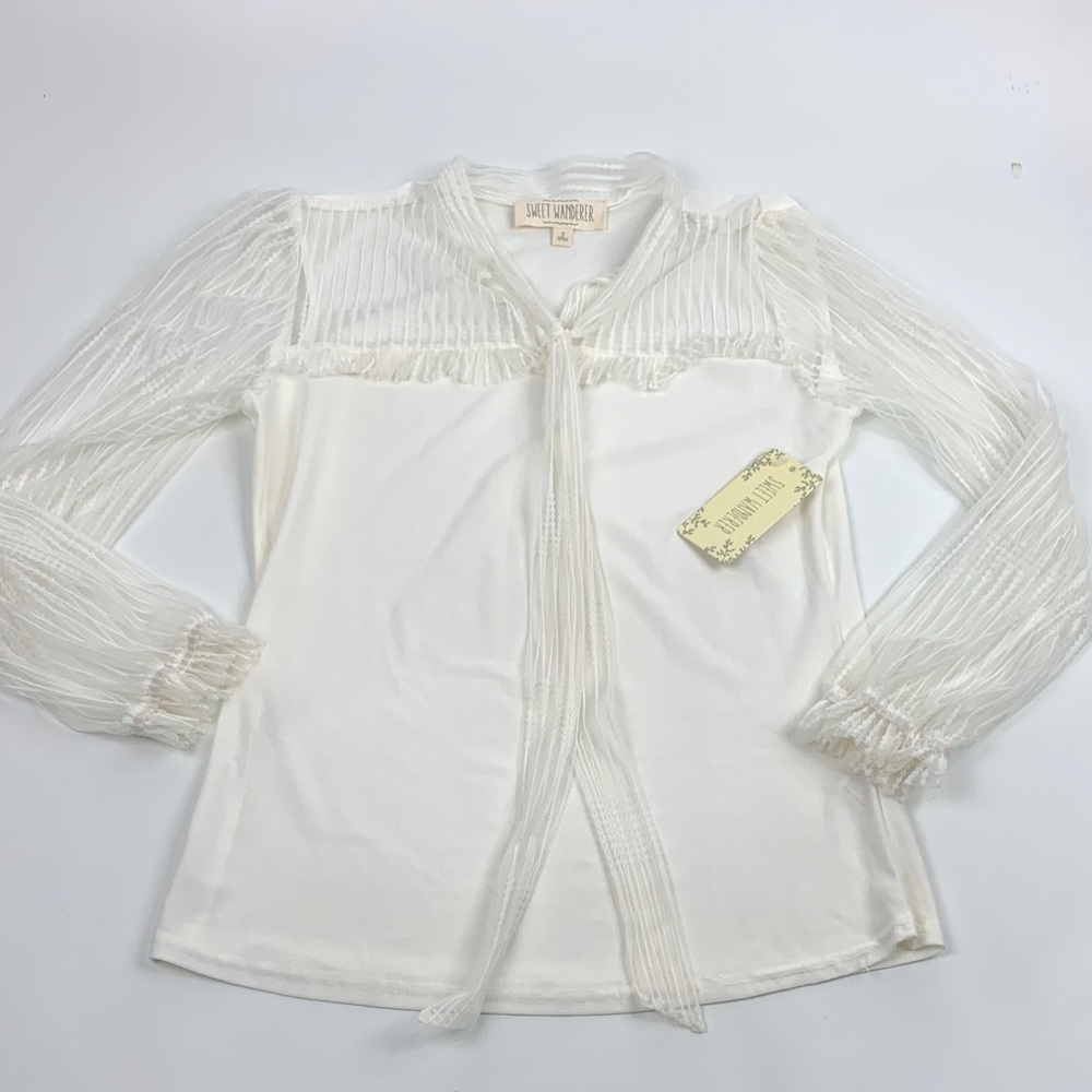 Sweet Wanderer Creme Blouse Sheer long Sleeves Front ribbon Size Medium NEW NWT